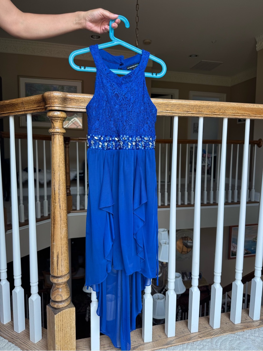Michelle Mae Royal Blue Lace High-Low Party Dress with Beaded Waist